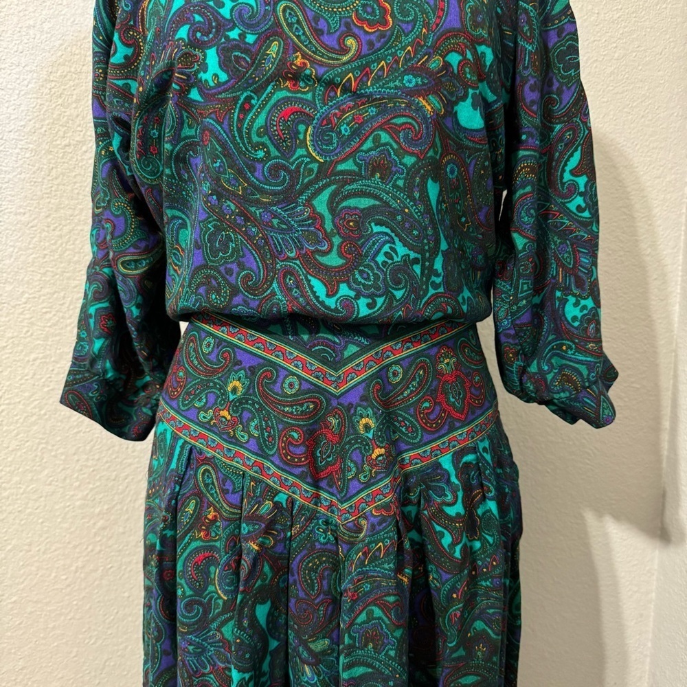 R.E.O. Originals Vintage Multicolored Long Sleeves Round Neck Midi Dress Size 14 - Picture 4 of 16